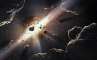 Astronomical illustration of rocky bodies colliding in space, poster print