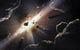 Astronomical illustration of rocky bodies colliding in space, poster print