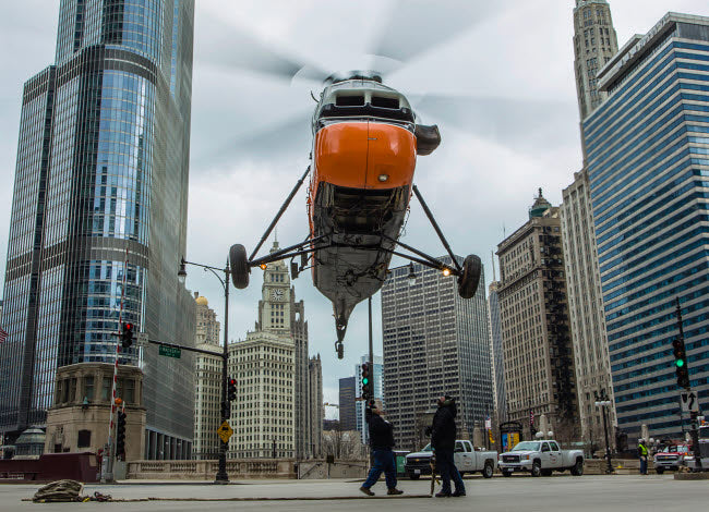S-58T helicopter landing in Chicago poster print by Rob Edgcumbe.