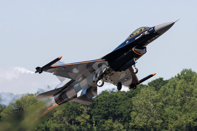 Royal Netherlands Air Force F-16AM Taking Off at RAF Fairford Poster Print