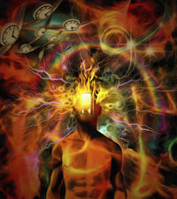 Naked man with open door instead of face and burning head poster print.