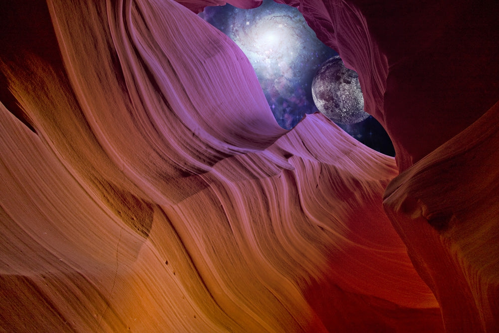 Desert Canyon Night Poster Print featuring a moon and galaxy in the sky by Bruce Rolff.