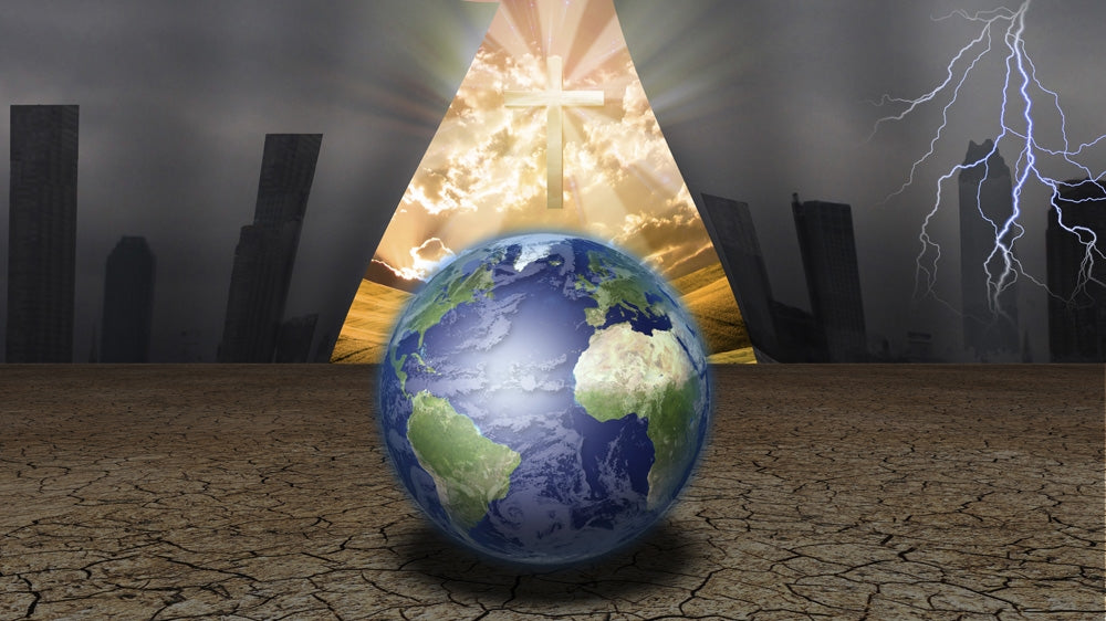Curtain of dystopic world revealing a shining cross poster print by Bruce Rolff