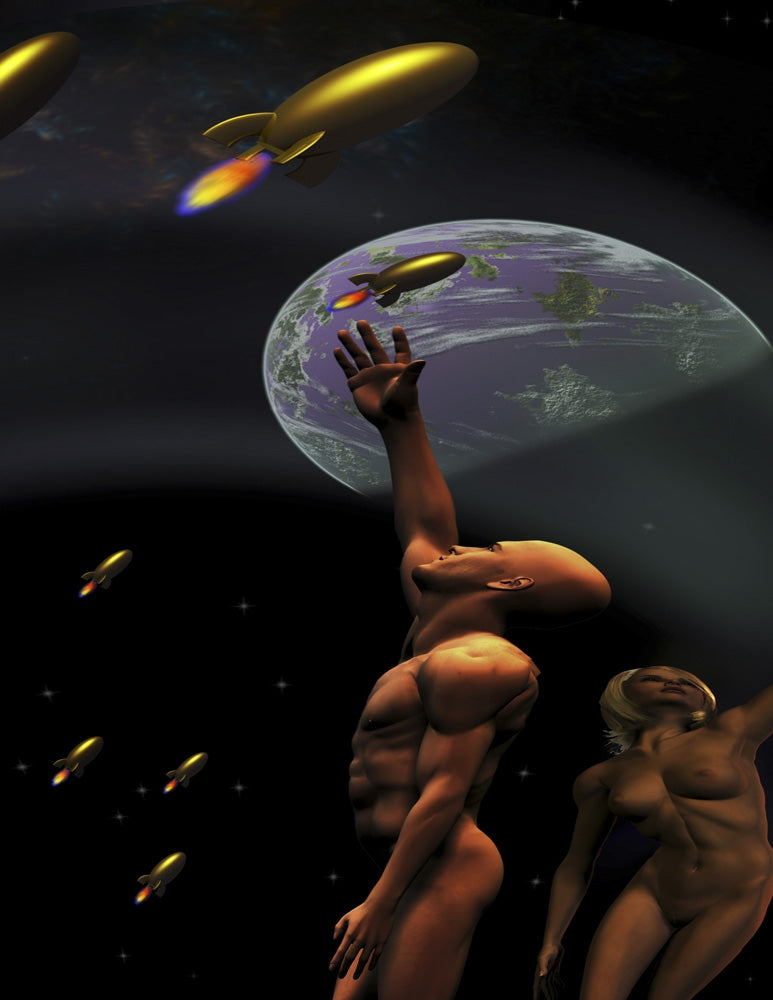 Science fiction scene poster featuring a man and woman in a cosmic backdrop.