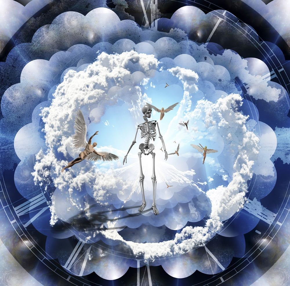 Surreal Human Skeleton Art Print featuring naked men with wings.