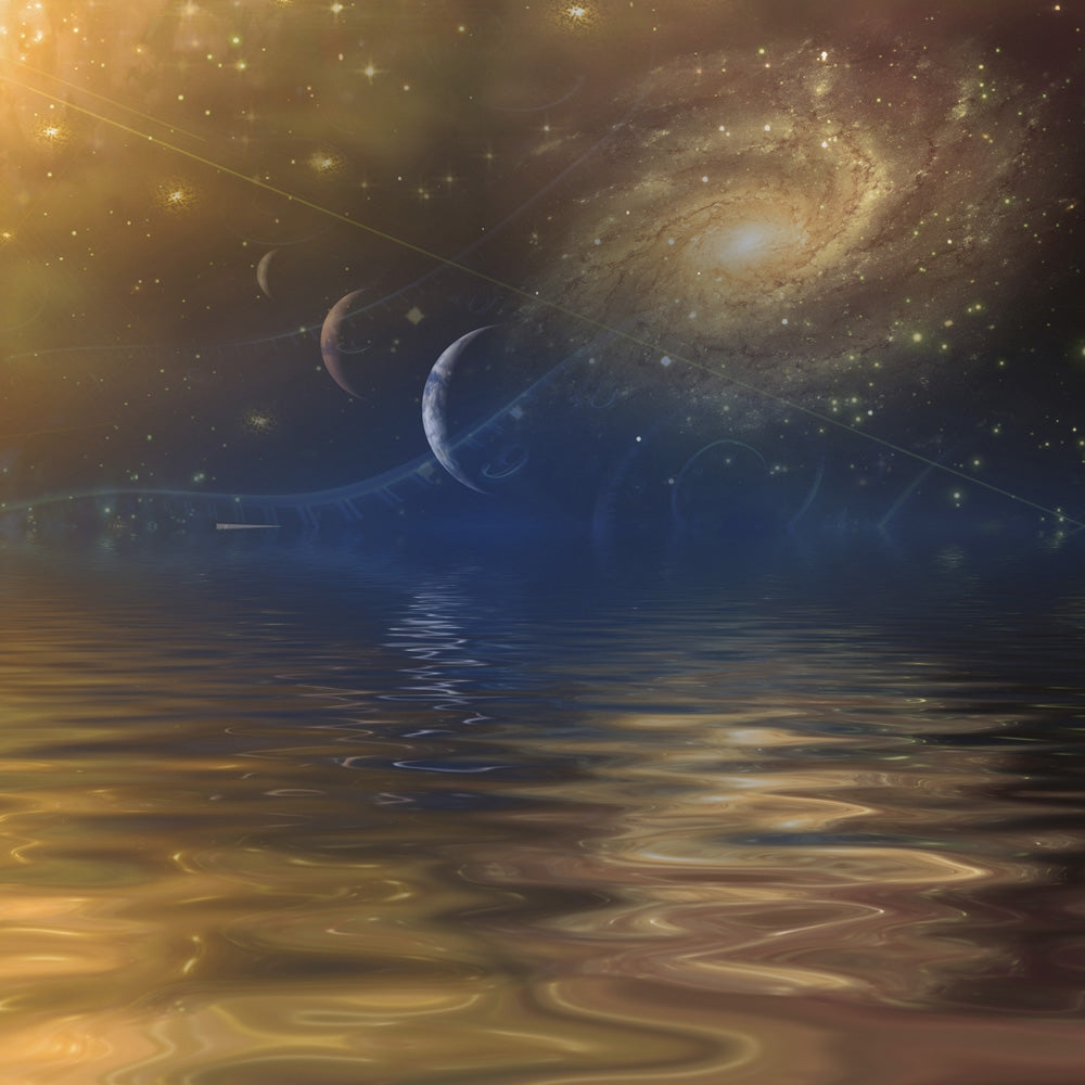 Surreal digital art poster featuring a parade of planets and spirals of time over a water surface.