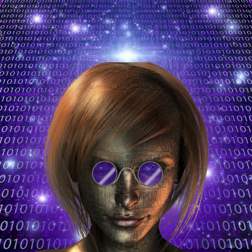 Cyborg girl wearing purple glasses with binary code background poster print.