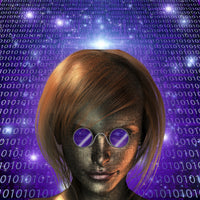 Cyborg girl wearing purple glasses with binary code background poster print.