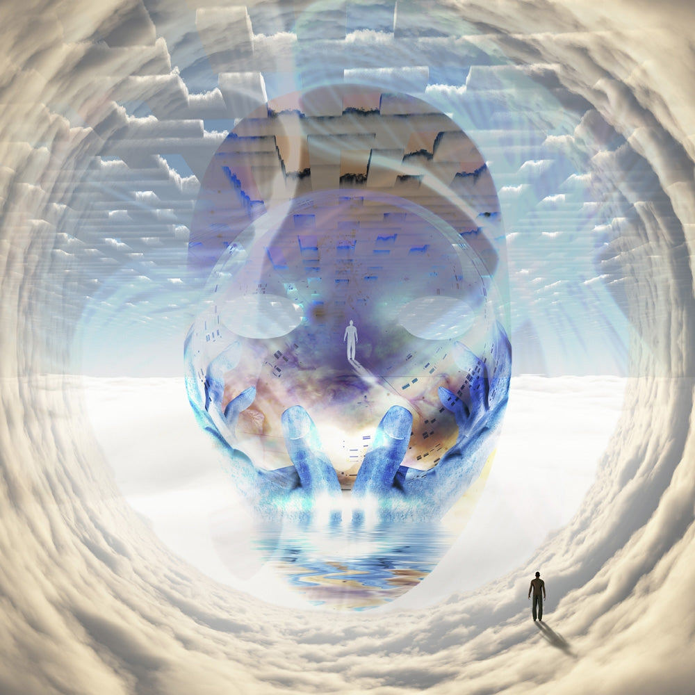Man in Clouds Tunnel Poster Print by Bruce Rolff showcasing a figure emerging from clouds.