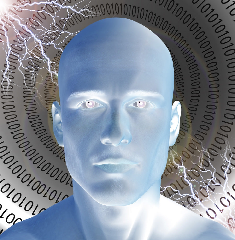 Man Head in Binary Code Tube Poster Print by Bruce Rolff showcasing a digital design.