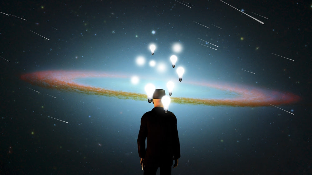 Surreal Universe Poster Print featuring a man in a suit standing before a vivid universe.