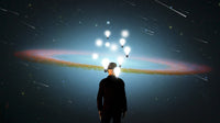 Surreal Universe Poster Print featuring a man in a suit standing before a vivid universe.