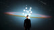 Surreal Universe Poster Print featuring a man in a suit standing before a vivid universe.