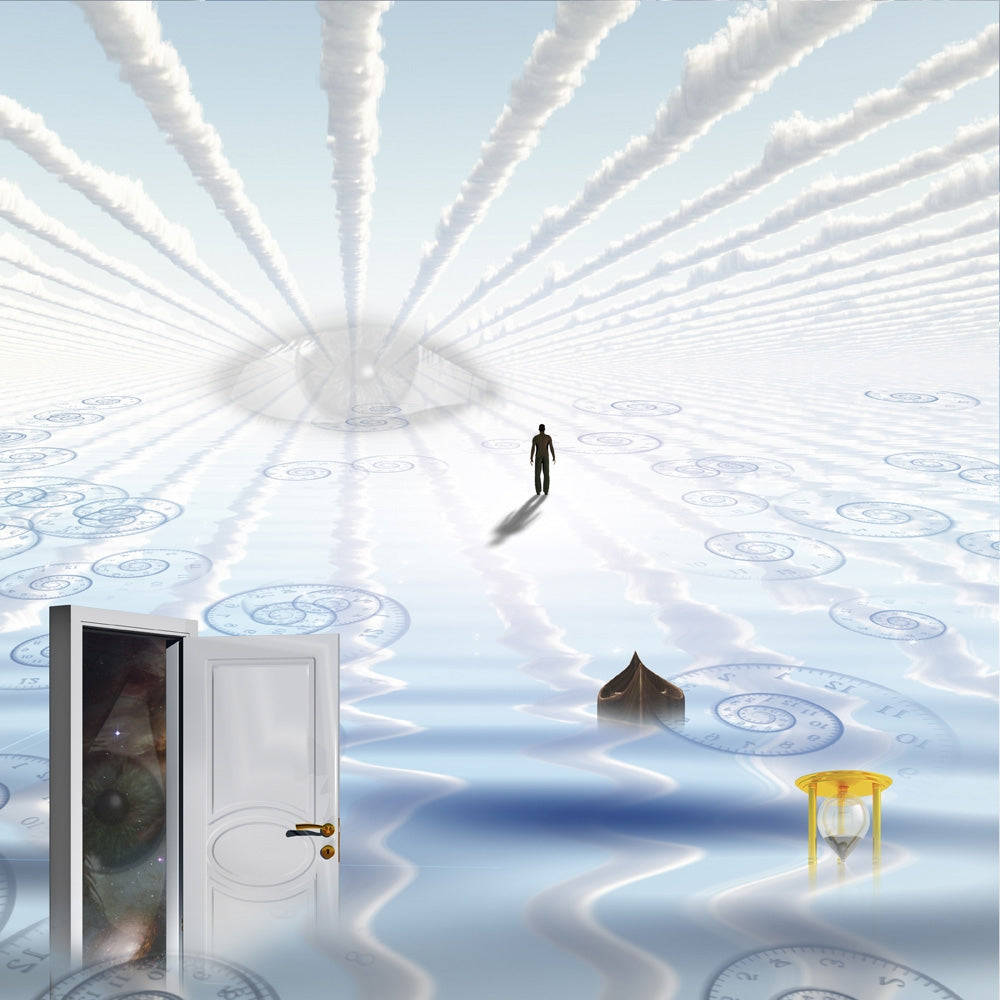 Open Door in Watery Landscape Poster Print featuring an hourglass, boat, and human figure