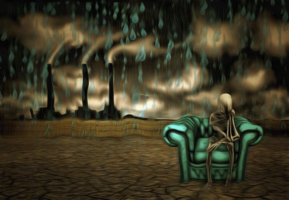 Surrealism poster print featuring an alien skeleton sitting in an armchair in an arid land with a factory on the horizon.