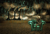 Surrealism poster print featuring an alien skeleton sitting in an armchair in an arid land with a factory on the horizon.