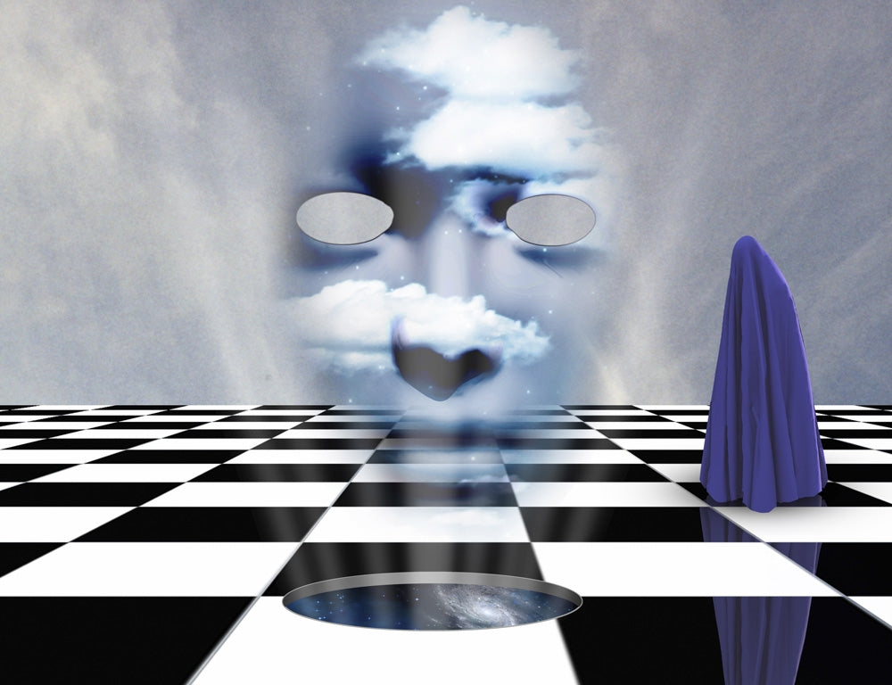 Surrealism poster print featuring a figure covered in purple cloth on a chessboard.