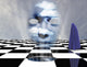 Surrealism poster print featuring a figure covered in purple cloth on a chessboard.