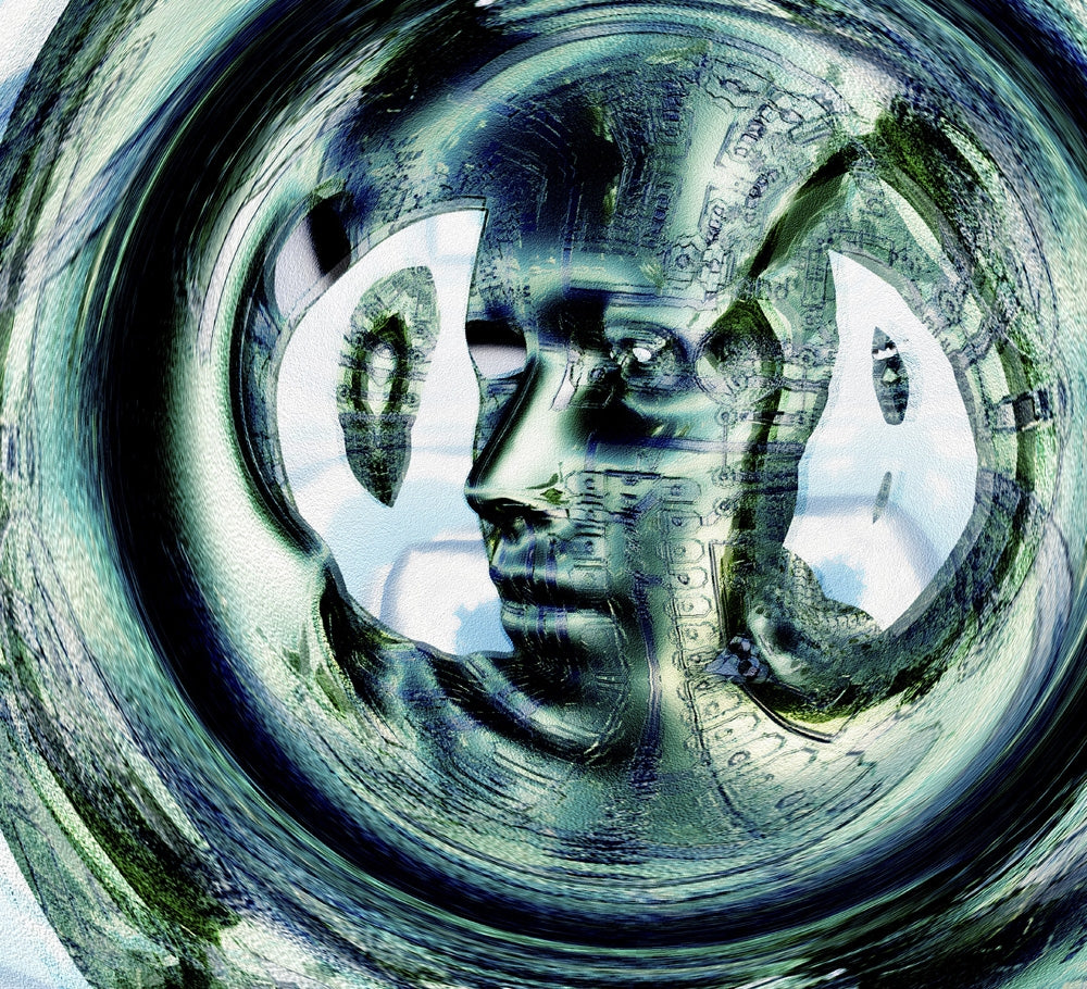 Electronic Faces Hovers Poster Print by Bruce Rolff showcasing abstract floating faces.