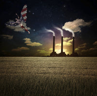 Surrealism poster print of naked man with wings in U.S. colors above wheat field.