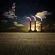 Surrealism poster print of naked man with wings in U.S. colors above wheat field.