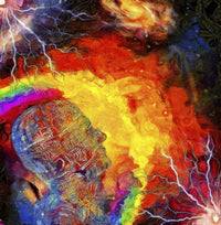 Transparent Head with Electric Circuit Pattern Poster Print by Bruce Rolff, showcasing colorful universe with rainbows and lightning.