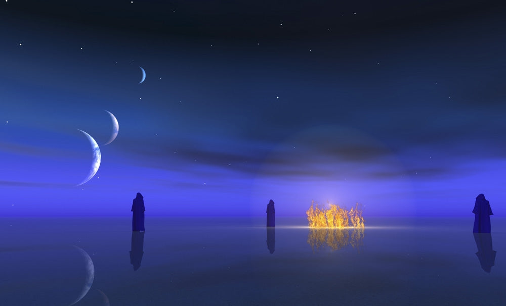 Figures Approach Fire in the Night Poster Print by Bruce Rolff
