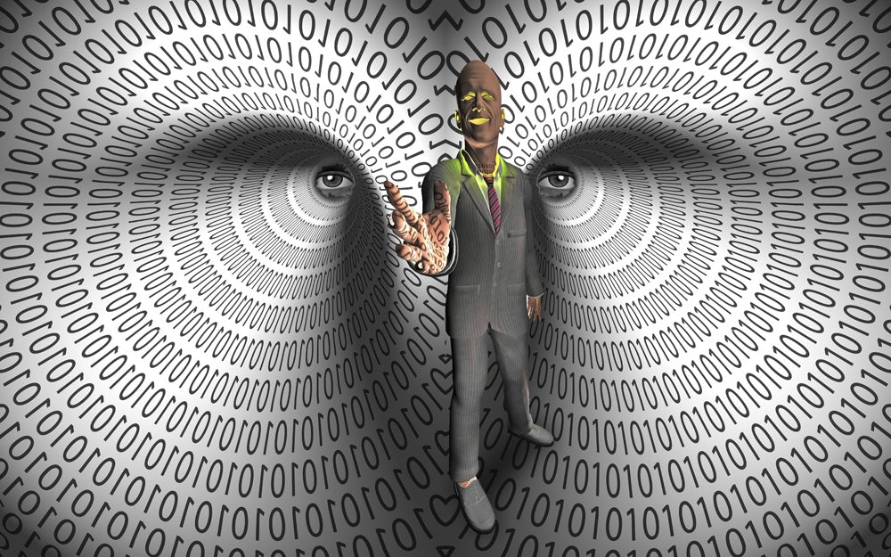 Data Thief Binary Code Tunnels Poster Print by Bruce Rolff, showcasing a virtual man and binary code.