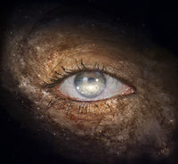 Surreal poster print of a woman's eye with galaxies.