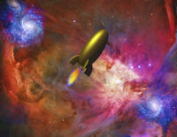 Retro Gold Rocket Poster Print with Flames in Space