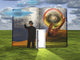 Book with opened door and hand holding crystal ball with galaxy inside, featuring a man in a suit and bowler hat.