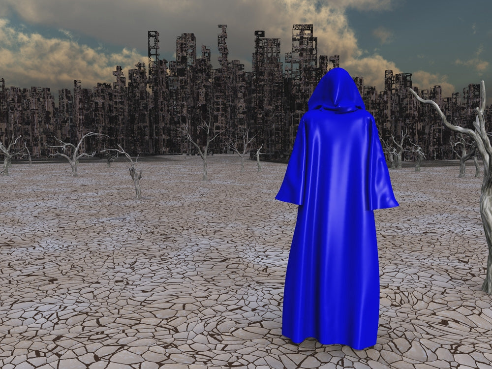 Traveler Before the Destroyed City Poster Print by Bruce Rolff