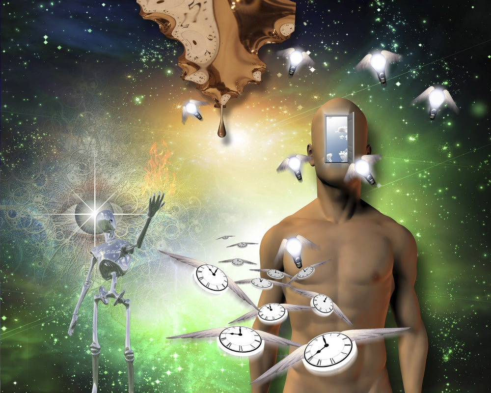 Naked Man with Open Door and Winged Clocks Poster Print by Bruce Rolff