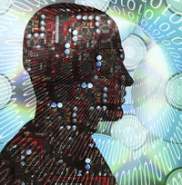 Cyborg with computer motherboard and CDs poster print by Bruce Rolff.