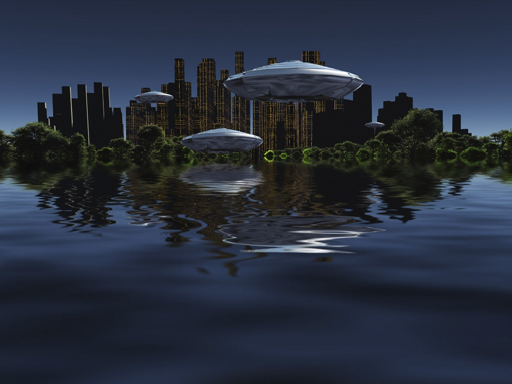 Exosolar Planet Poster Print featuring a futuristic city surrounded by green forests and spacecrafts in the sky.