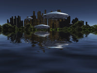 Exosolar Planet Poster Print featuring a futuristic city surrounded by green forests and spacecrafts in the sky.