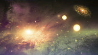 Deep Vivid Space Poster Print featuring bright suns and cosmic landscape.