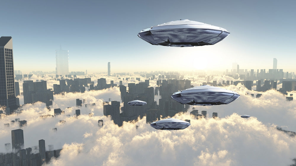 Flying Saucers Over Futuristic Megapolis Sunrise Poster Print