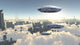 Flying Saucers Over Futuristic Megapolis Sunrise Poster Print