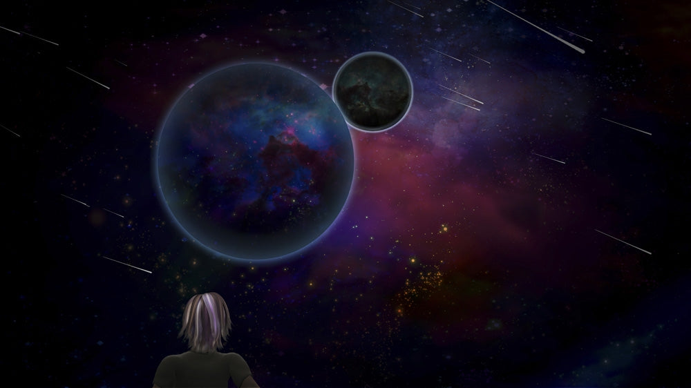 Surrealism poster print of a woman looking at planets and comets in a 3D rendering.