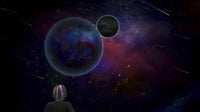 Surrealism poster print of a woman looking at planets and comets in a 3D rendering.