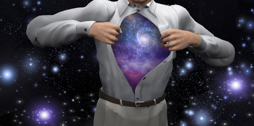 Man Opens Shirt to Reveal the Galaxies Poster Print by Bruce Rolff - Cosmic artwork