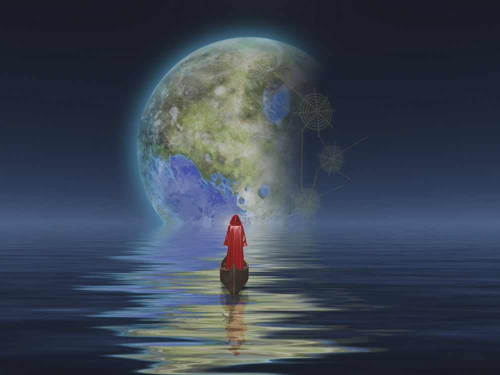 Figure in Cloak Floating in Boat Towards Terraform Moon Poster Print by Bruce Rolff