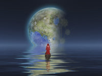 Figure in Cloak Floating in Boat Towards Terraform Moon Poster Print by Bruce Rolff