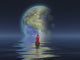 Figure in Cloak Floating in Boat Towards Terraform Moon Poster Print by Bruce Rolff