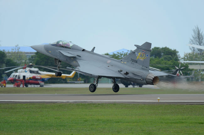 Saab JAS 39 Gripen C Royal Thai Air Force taking off poster print by Remo Guidi.