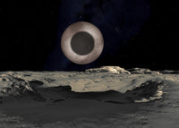 The Shadow of Charon on Pluto poster print showcasing Charon's shadow on Pluto's surface.