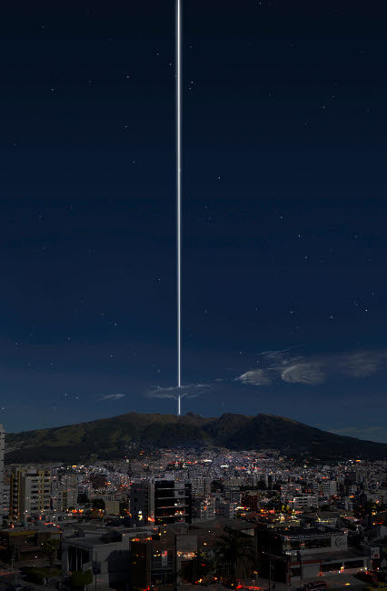 Hypothetical ringed Earth concept poster print showcasing Quito, Ecuador