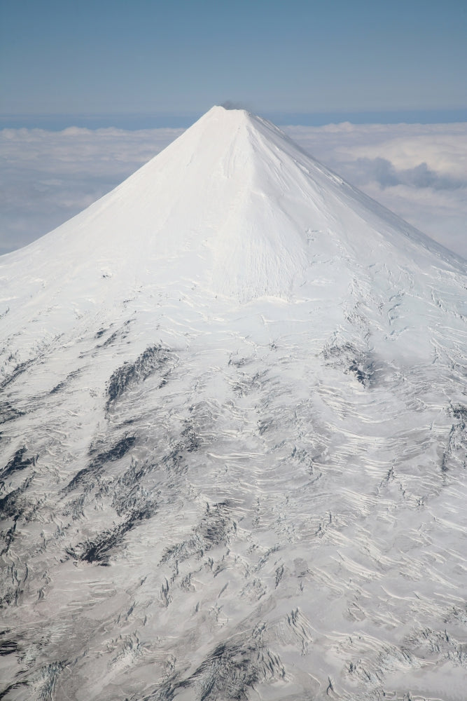 Aerial view of glaciated Shishaldin Volcano on Unimak Island, Alaska.