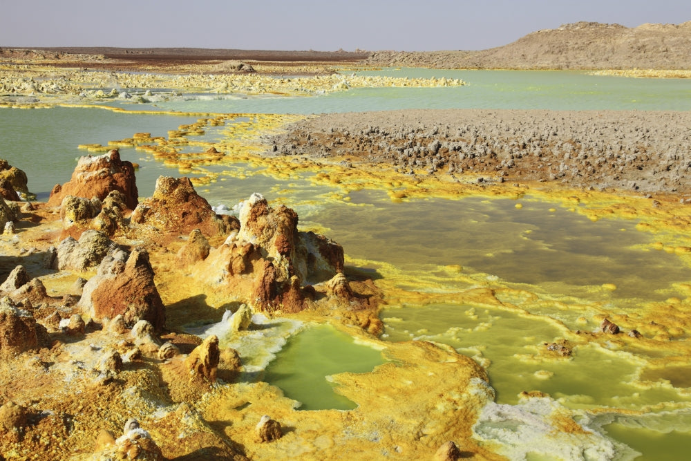 Dallol geothermal area potassium salt deposits poster print showcasing vibrant colors and unique formations.